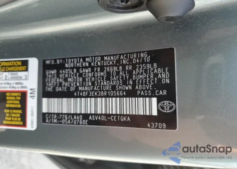 2011 Toyota Camry Base из США, поврежденный, VIN 4T4BF3EK3BR105664